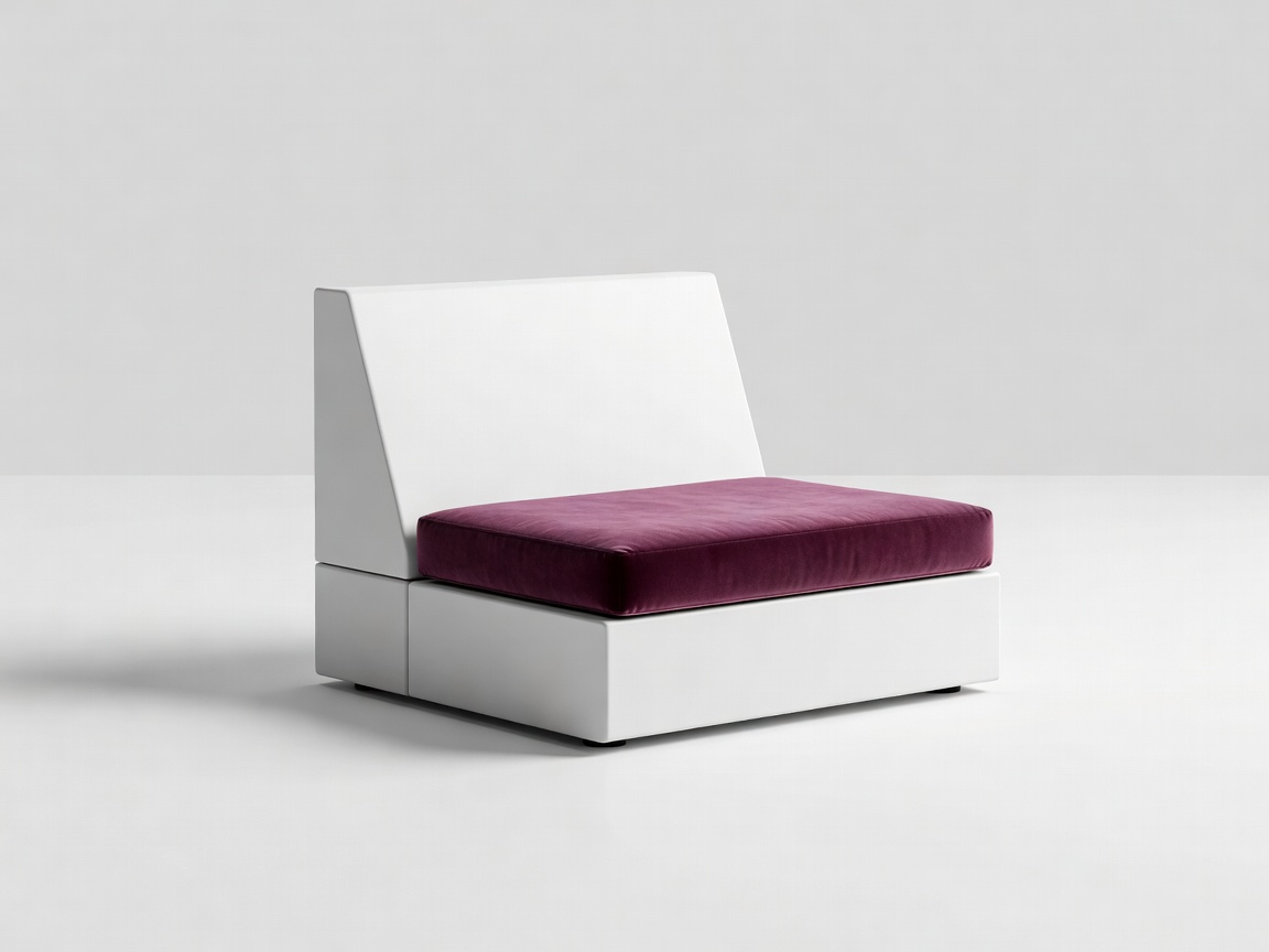 Compact modular outdoor seat with a supportive back and plum cushion on a white ground