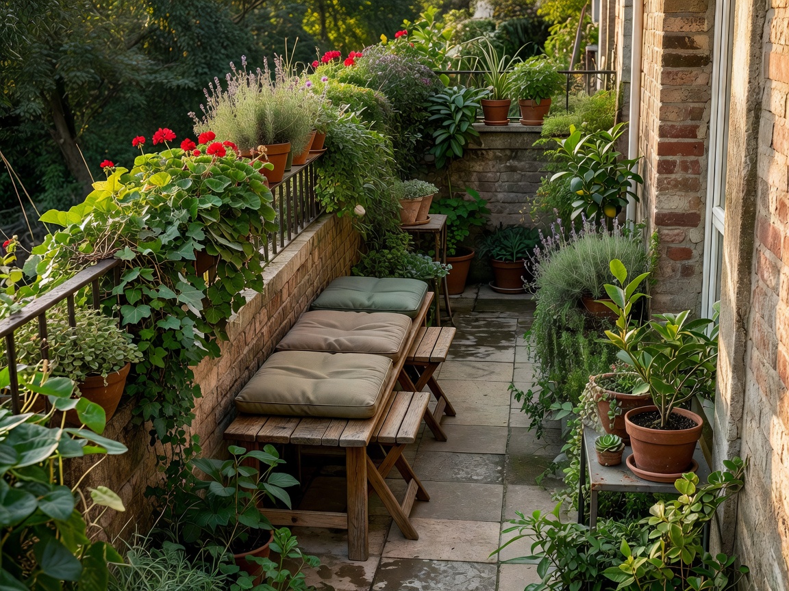 Narrow planted balcony with compact seating positioned beside the wall