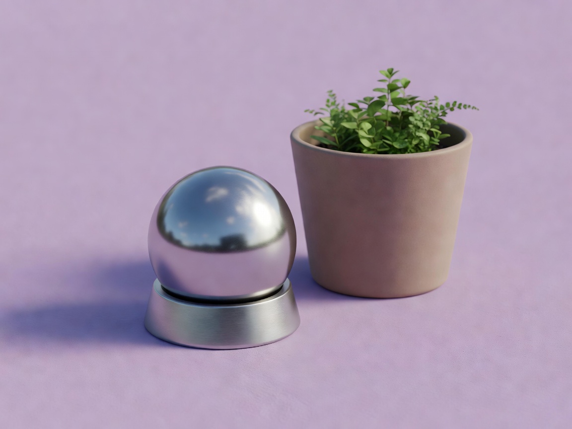 Polished metal sphere in a stable low holder beside a simple planter on a lilac ground