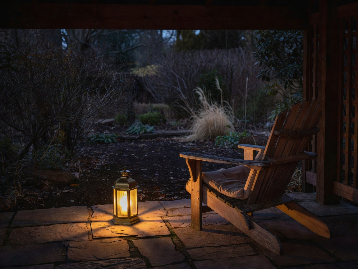 Sheltered patio with a low warm lantern beside a chair and unlit planting beyond