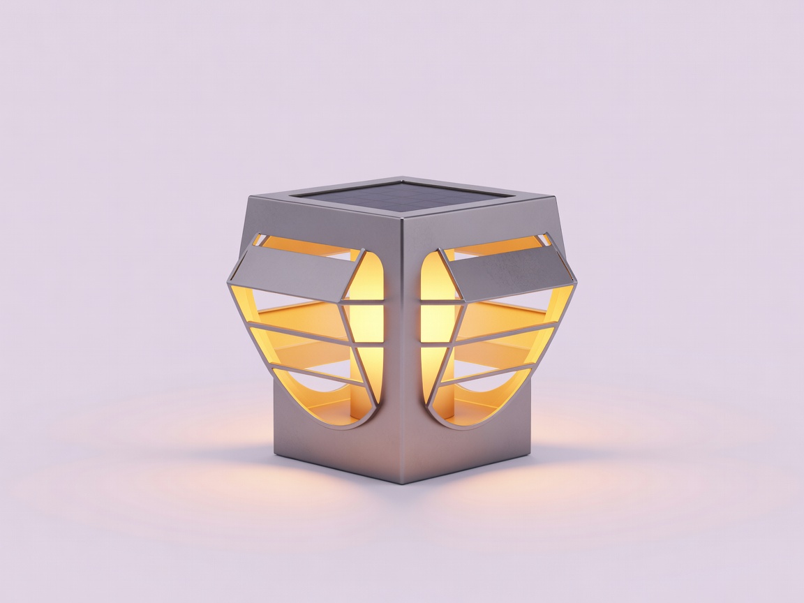 Shielded square solar lantern emitting warm light on a pale lilac background