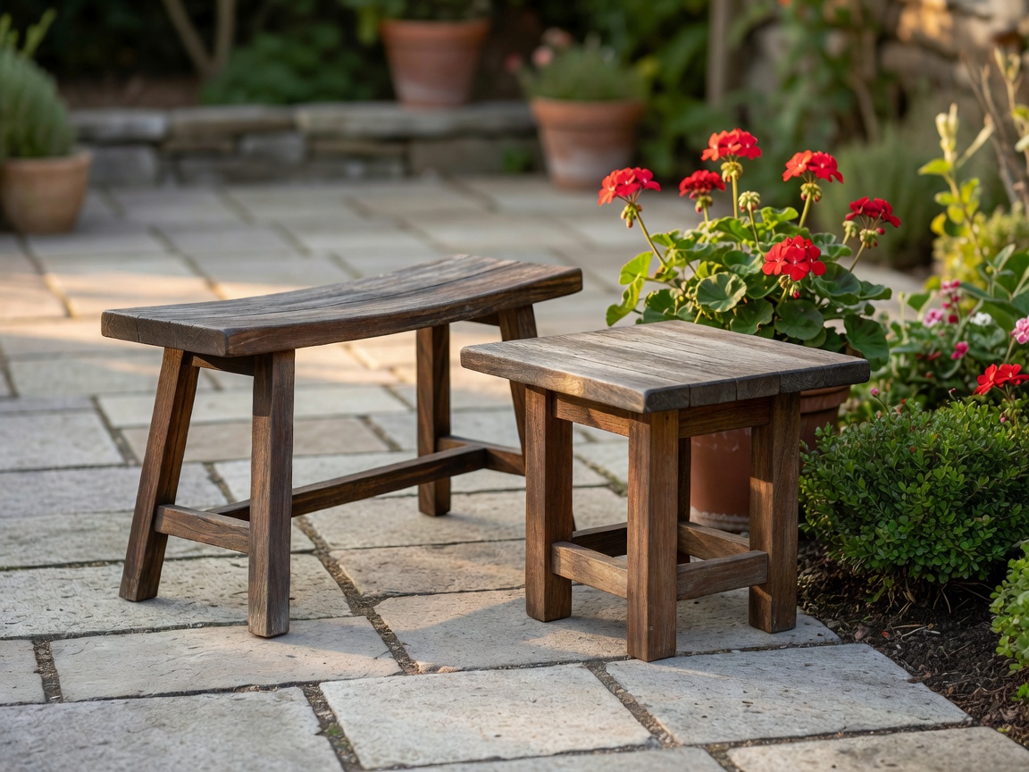 Compact garden bench and stable side table beside planting on a small paved patio