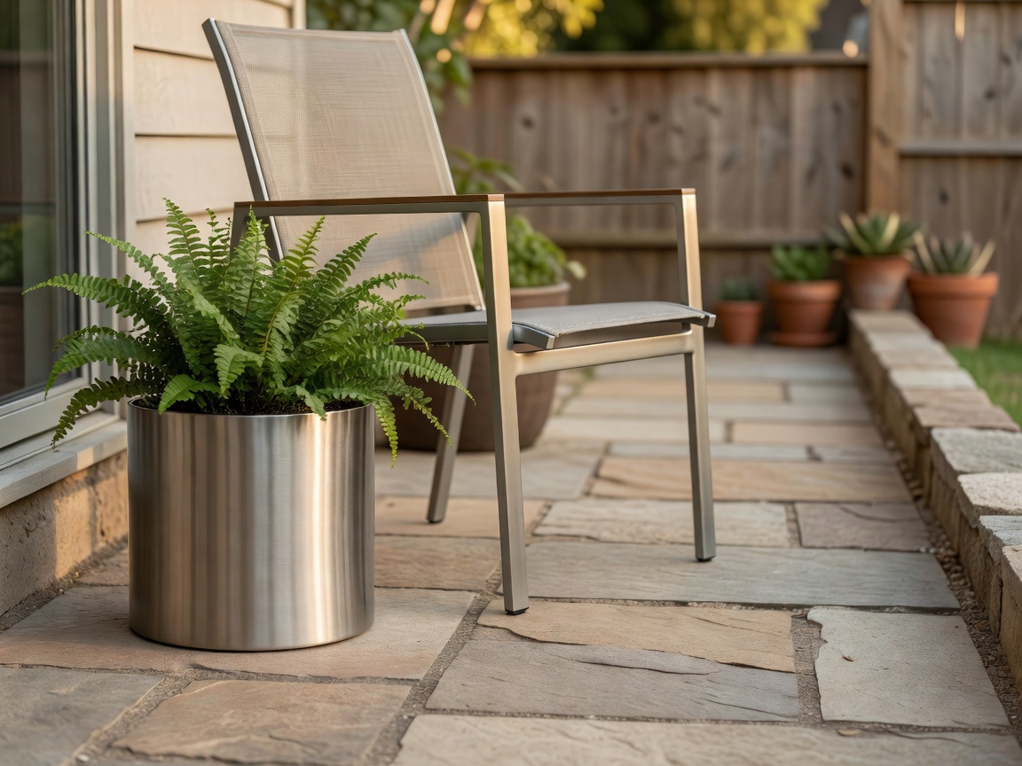 Metallic planter placed beside an outdoor chair without intruding into a small patio route